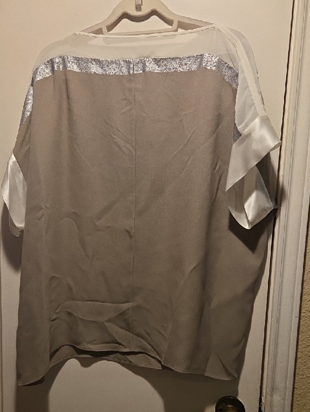 Lafayette 148 New York Taupe and White Silk-Trim Blouse with Silver Accent - Picture 5 of 7